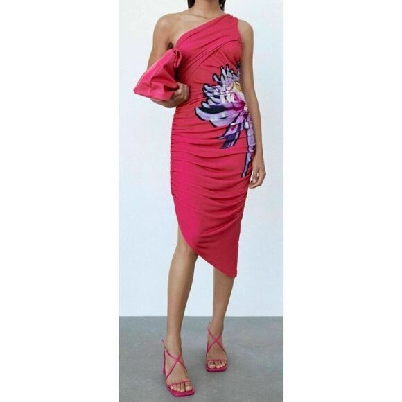ZARA DRAPED DRESS LIMITED COLLECTION WITH SIDE FLORAL PRINT NEW - Picture 6 of 7
